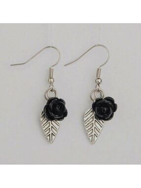 Handmade Black Lucite Rose and Antiqued Silver Pewter Leaf Dangle Earrings